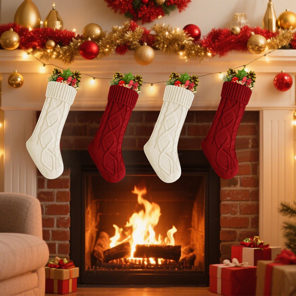 4PACK Christmas Stockings, Knitted Stocking for Holiday Christmas Party Family Decorations (Red White)