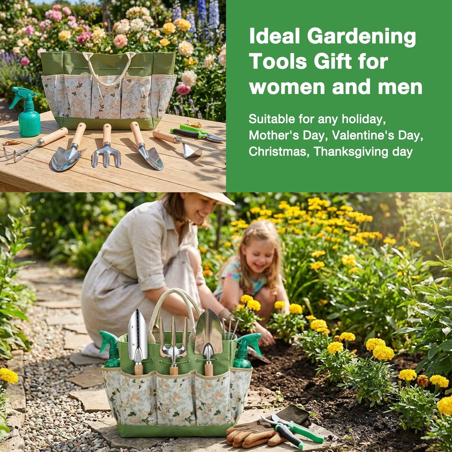 Garden Tools Set, 9 Pieces Heavy Duty Kit with Storage Bag - Rust-Proof Stainless Steel Gardening Tools, Non-Slip Ergonomic Handle, Ideal Gift for Women, Men & Gardeners