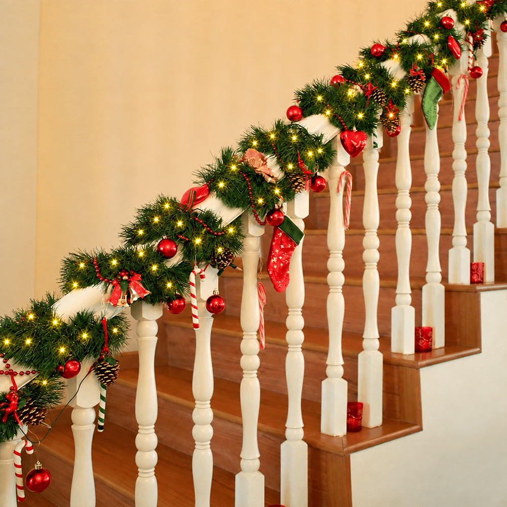 Cowin 50 FT Pre-Lit Christmas Garland with Lights, 100 LED Lighted Garlands for Xmas Wedding Indoor Outdoor Decor, Battery Operated 8 Modes(Warm White, Green)