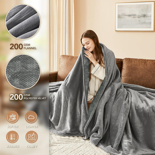 Heated Blanket 60"x 70", Flannel and Velvet with 10 Optional Heating Levels ,8 Hours Timer Up- Gray