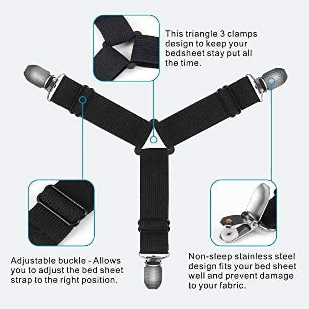 Adjustable Bed Sheet Holder Straps, Triangle Non-Slip Elastic Mattress Corner Clips with Heavy Duty Grippers Clips (Set of 4)