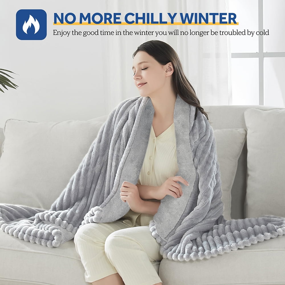 Heated Blanket Electric Twin Striped Flannel Blanket 62"x84" Electric Blanket with 6 Heat Settings 10 Hour Timer Auto Shut Off, Light gray