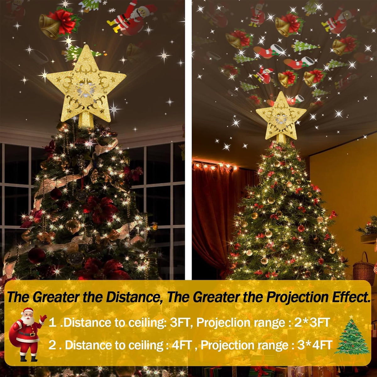 Cowin Christmas Tree Star Topper, Built-in Led Santa Claus Projector Pentagram Plug in Christmas Tree Ornament for Indoor Christmas New Year Holiday Tree Decor (Golden)