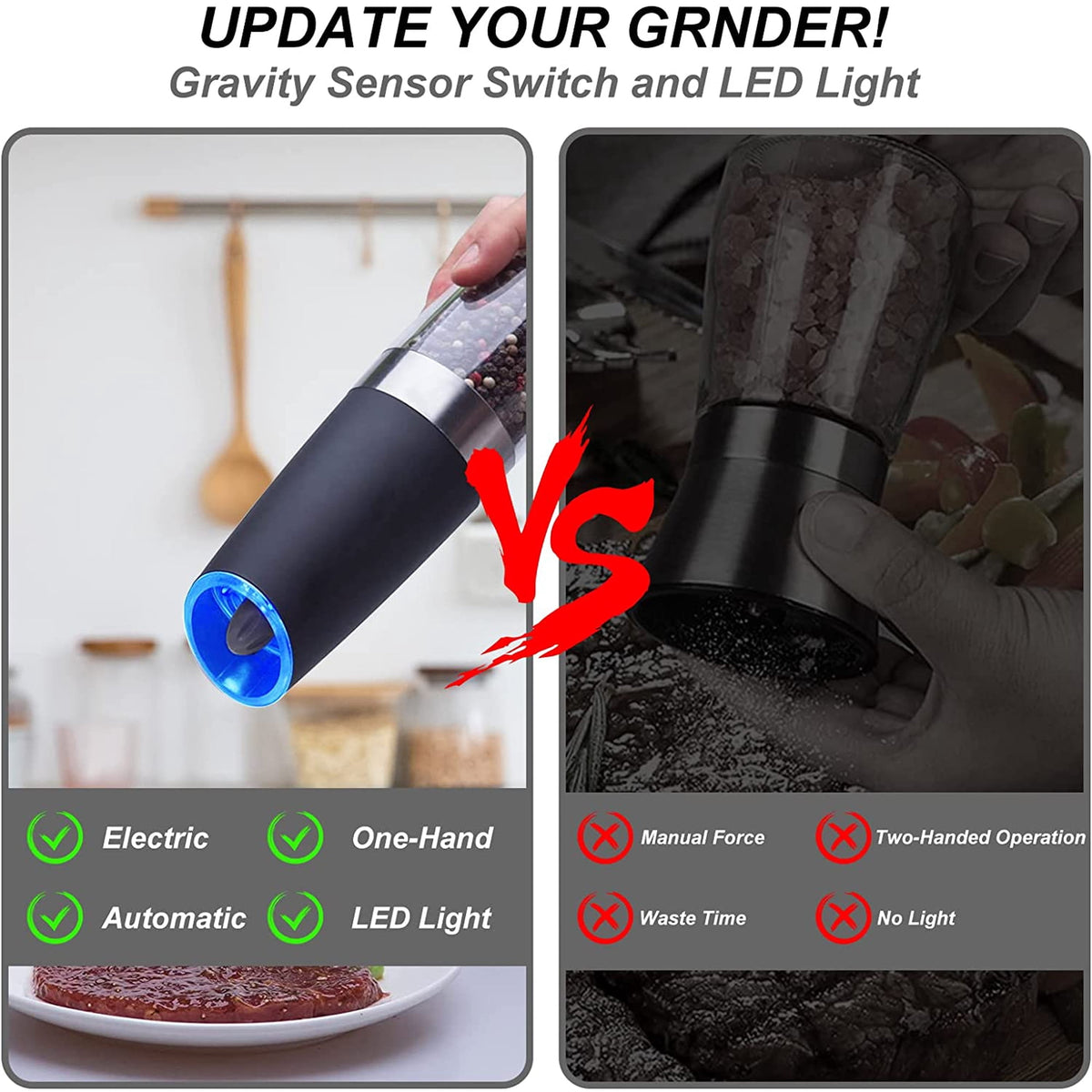 Cowin 2 Piece Set Electric Salt and Pepper Grinder Set , Adjustable Coarseness Mill Grinders Stainless Steel