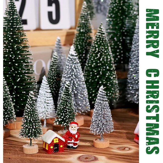 Cowin 30Pcs Mini Christmas Trees Decor, Artificial Christmas Tree 5 Sizes with Wooden Base for Christmas Decor Christmas Party Home Table Craft Decorations (Green+silver+white)