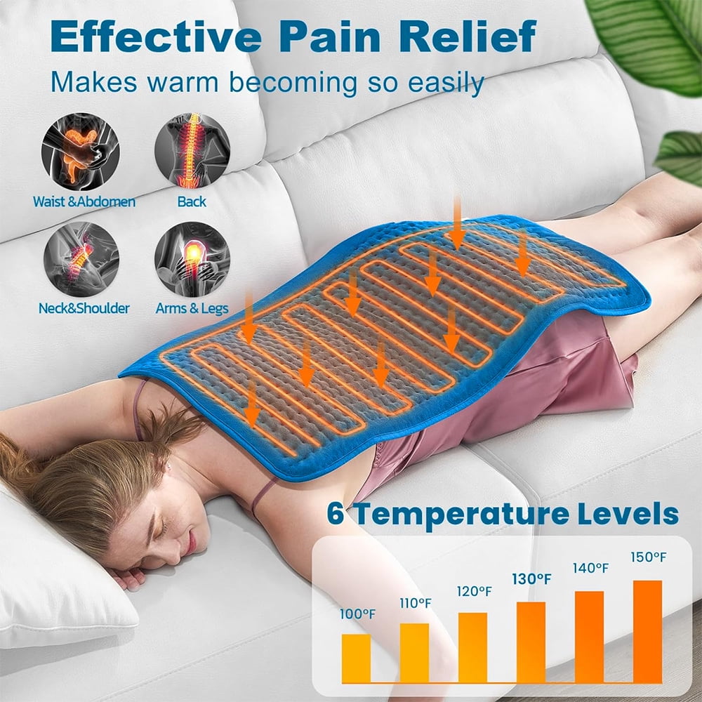 33"x17" Heating Pad Portable Heating Pad for Shoulder Neck, 3 Timer & 6 Temperature Controller, Blue