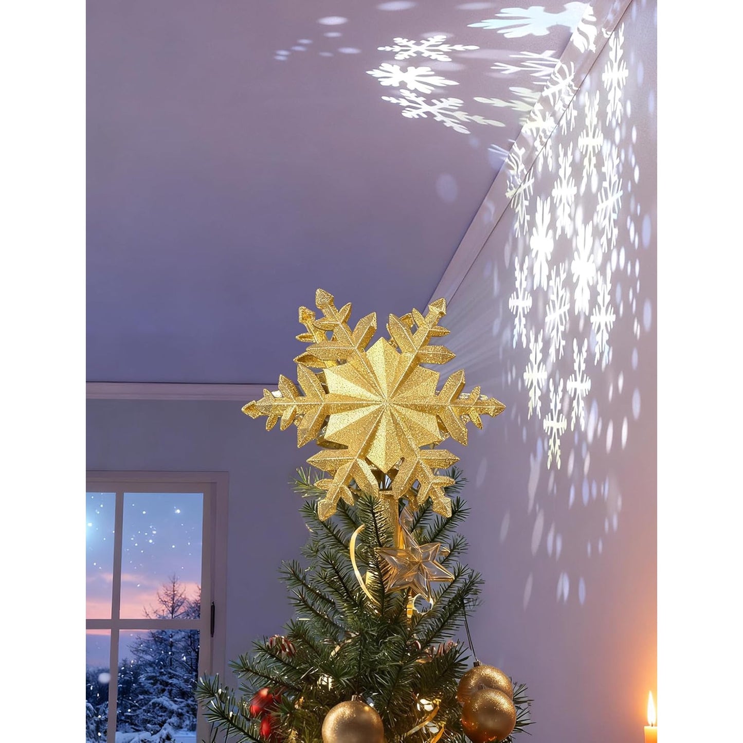 Christmas Tree Topper Lighted with Snowflake Projector, LED Rotating 3D Glitter Tree Topper for Christmas Tree, Christmas Decorations Lights