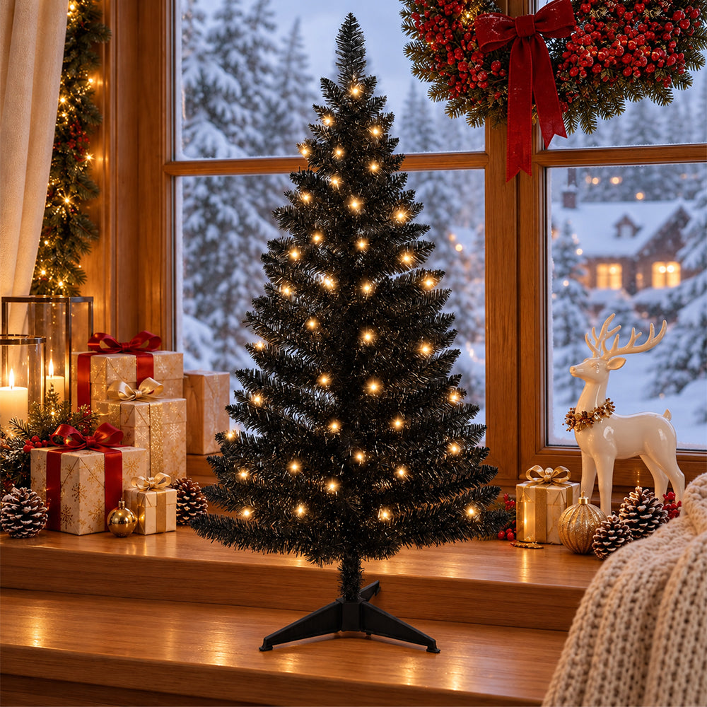 Cowin 4ft Artificial Christmas Tree,Pre-lit Tinsel Pine Spruce Tree, Small Xmas Tree for Home, Office and Party,Black