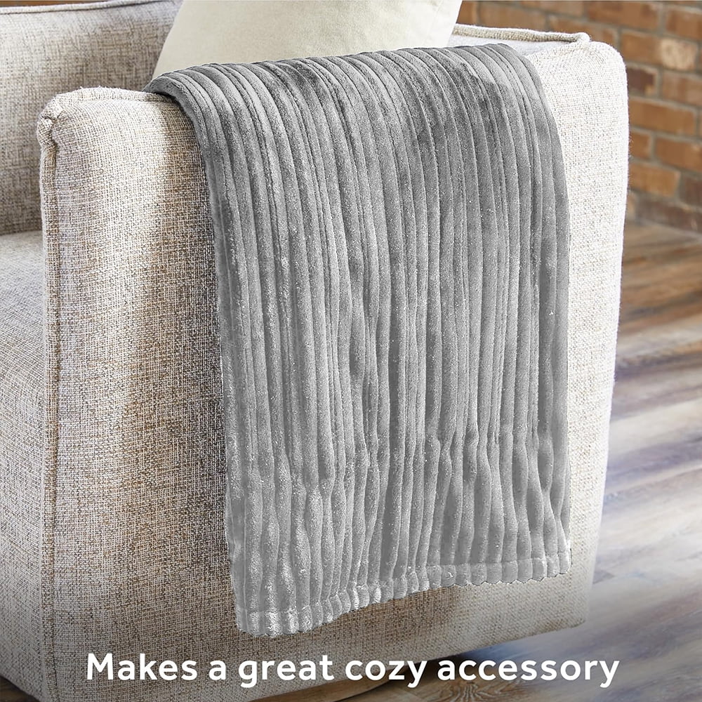 Heated Blanket Electric Twin Striped Flannel Blanket 62"x84" Electric Blanket with 6 Heat Settings 10 Hour Timer Auto Shut Off, Light gray