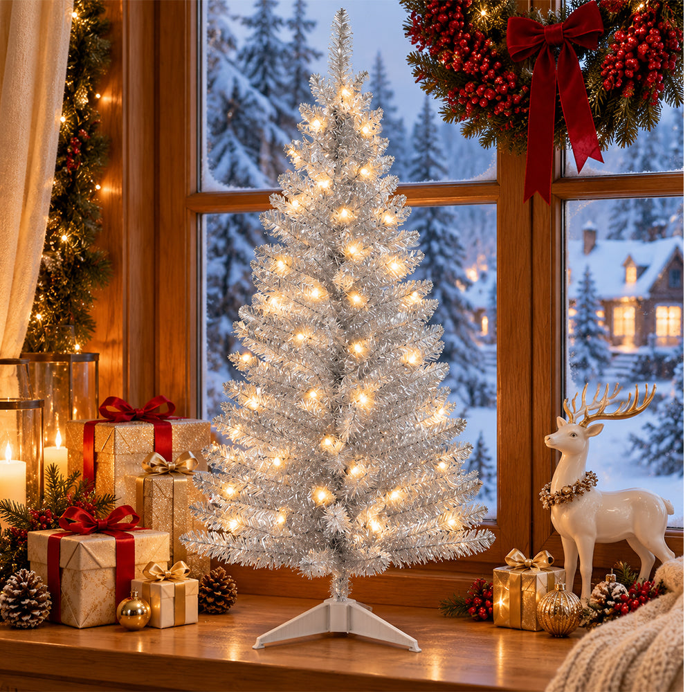 Cowin 4ft Artificial Christmas Tree,Pre-lit Tinsel Pine Spruce Tree, Small Xmas Tree for Home, Office and Party,Sliver