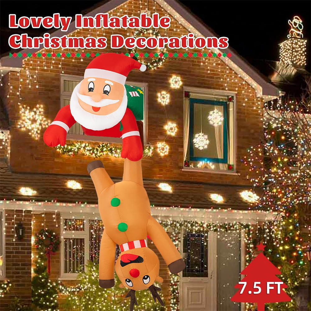 7FT Christmas Inflatable Santa Claus with Reindeer Blow Up Hanging Xmas Inflatables Decor with LED Lights