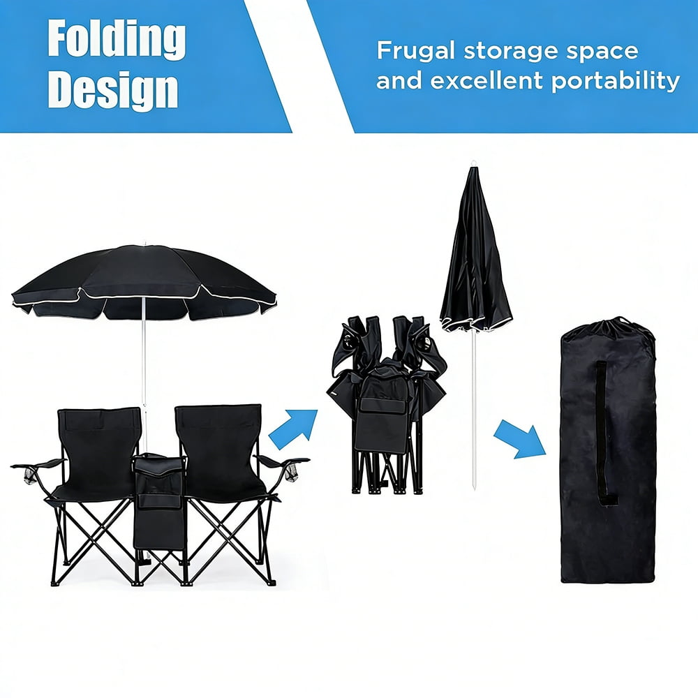 COWIN Outdoor Foldable Picnic Double Chair ,Camping Chairs with Umbrella Camping Double Portable Chairs Folding Beach Chair with Insulation Bag,Backpacking Black