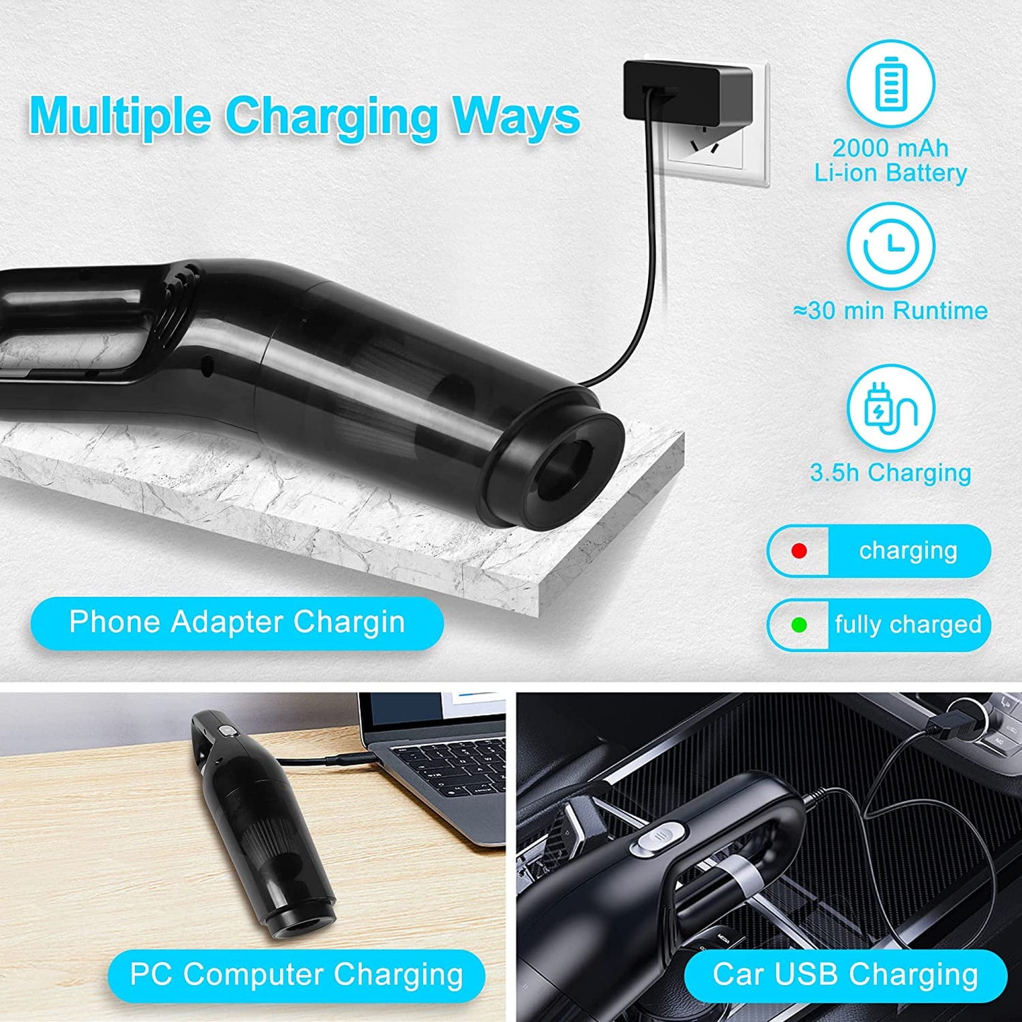 Portable Car Vacuum Cleaner, 120W Car Vacuum Cleaners Cordless, Handheld Vacuum for Quick Cleaning, Hand Held Vacuuming Cordless Rechargeable for Car Home and Office, Black