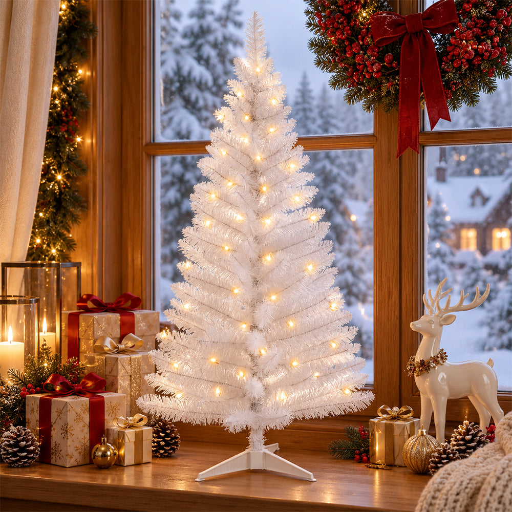 Cowin 4ft Artificial Christmas Tree,Pre-lit Tinsel Pine Spruce Tree, Small Xmas Tree for Home, Office and Party,White