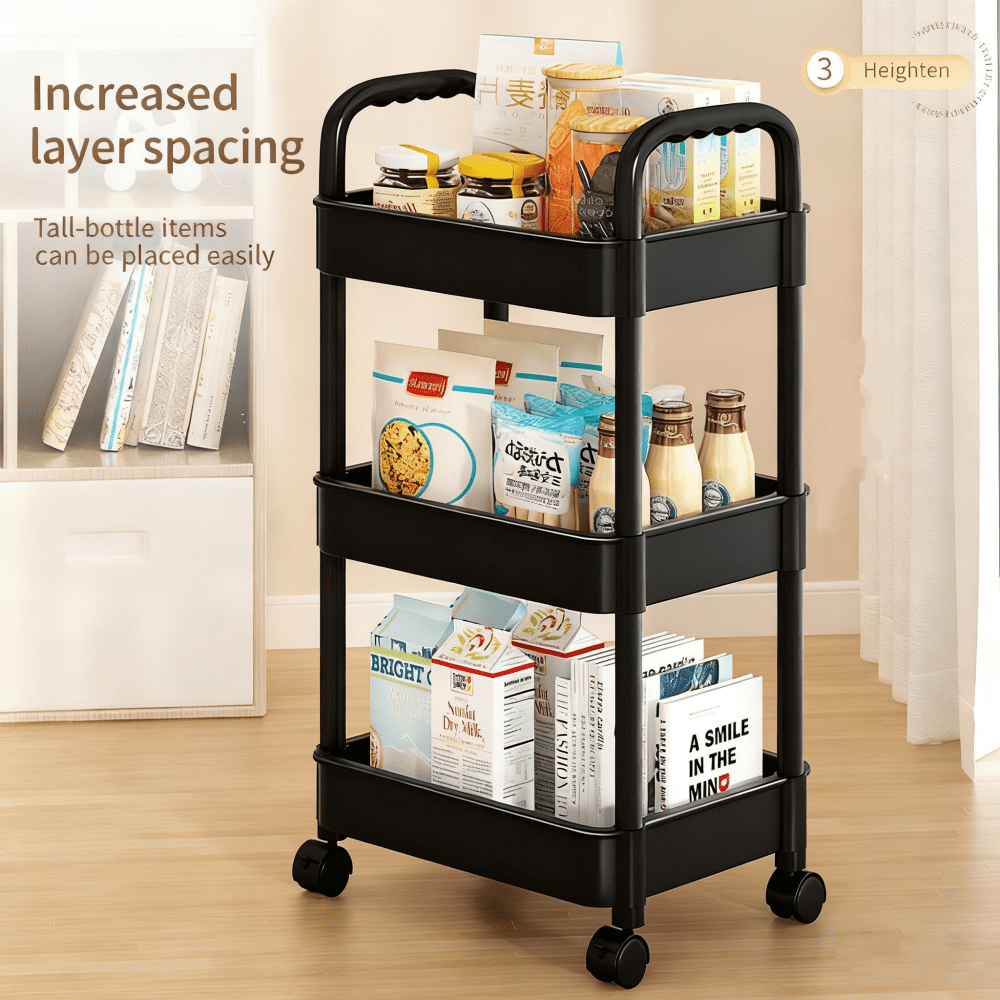 Cowin 3 Tier Metal Rolling Utility Cart with 6 Hooks, Black