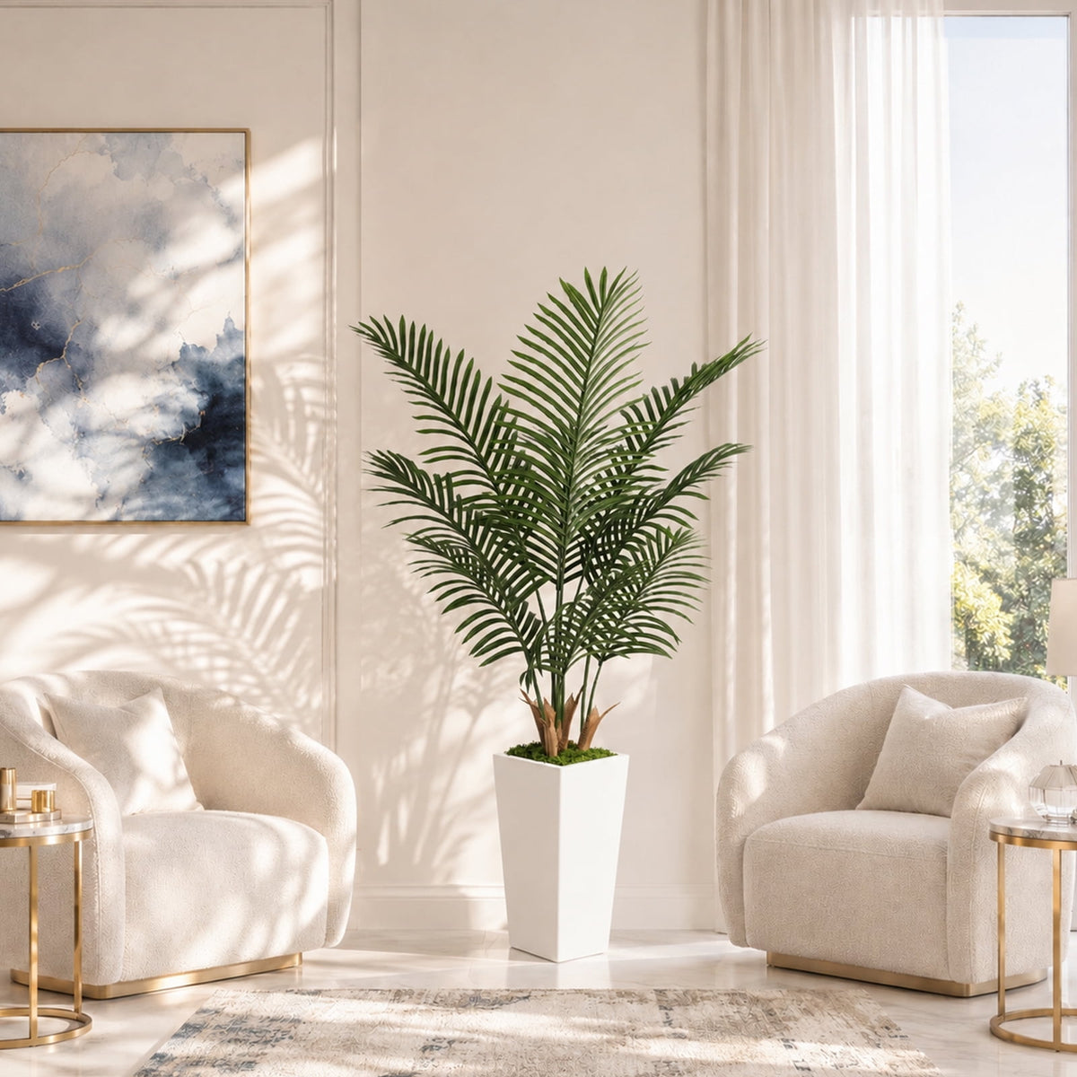 Cowin 5FT Artificial Palm Tree, Fake Tree with White Tall Planter, Faux Tropical Areca Floor Plant in Pot