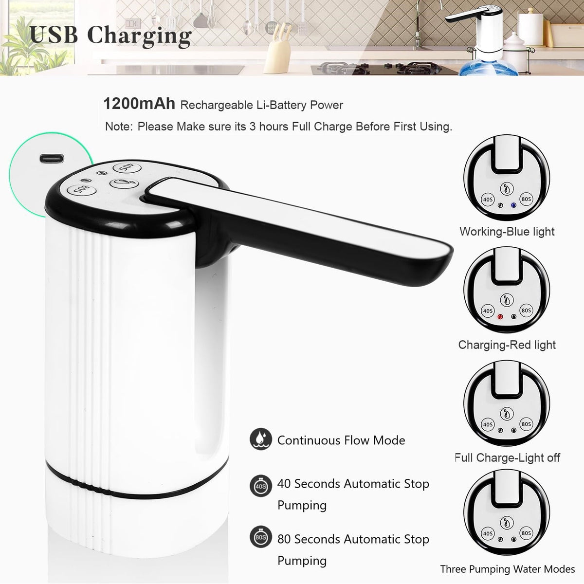 Cowin Water Dispenser for 5 Gallon Bottle, Rechargeable Portable Electric Water Bottle Pump, Foldable Automatic Water Jug Pump for for Home, Office & Camping (White)