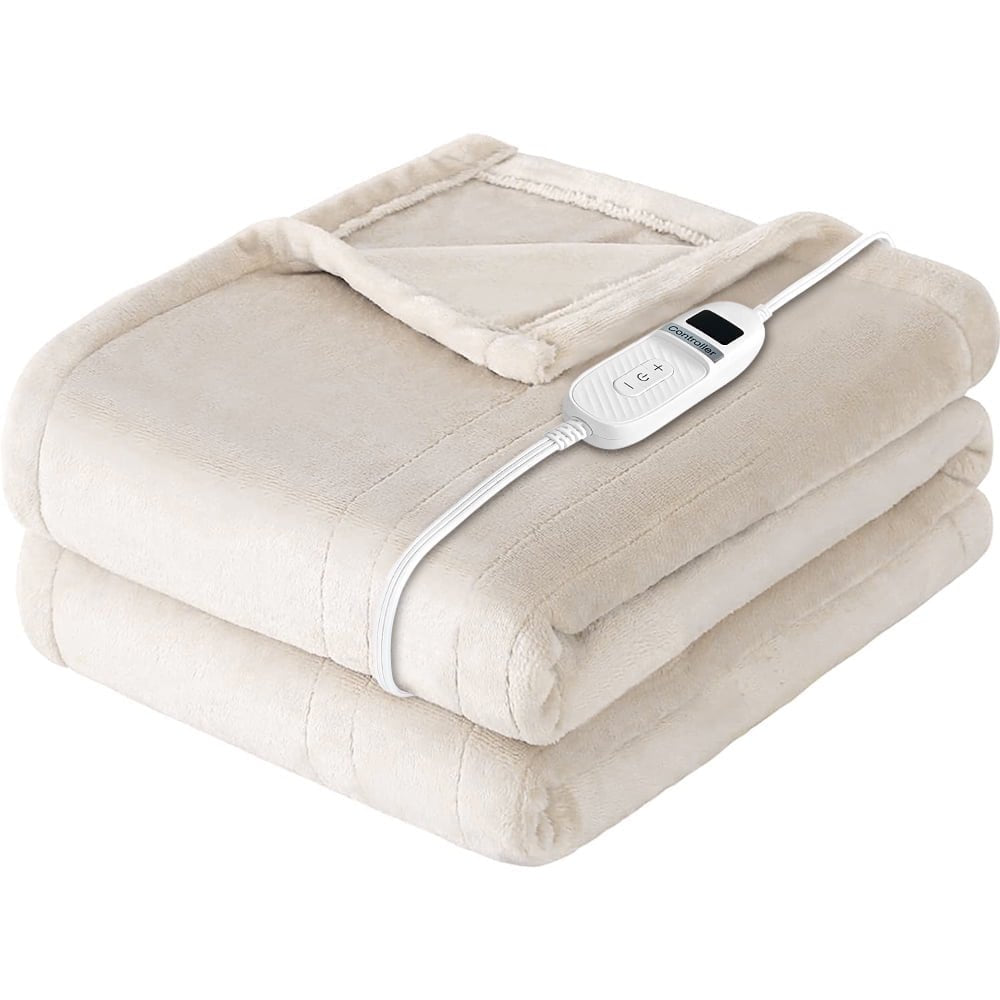 Electric Heated Blanket 80"×84" Flannel Blanket Full Size with 10 Heating Levels 8 Hours Auto Off Fast Heating, Beige