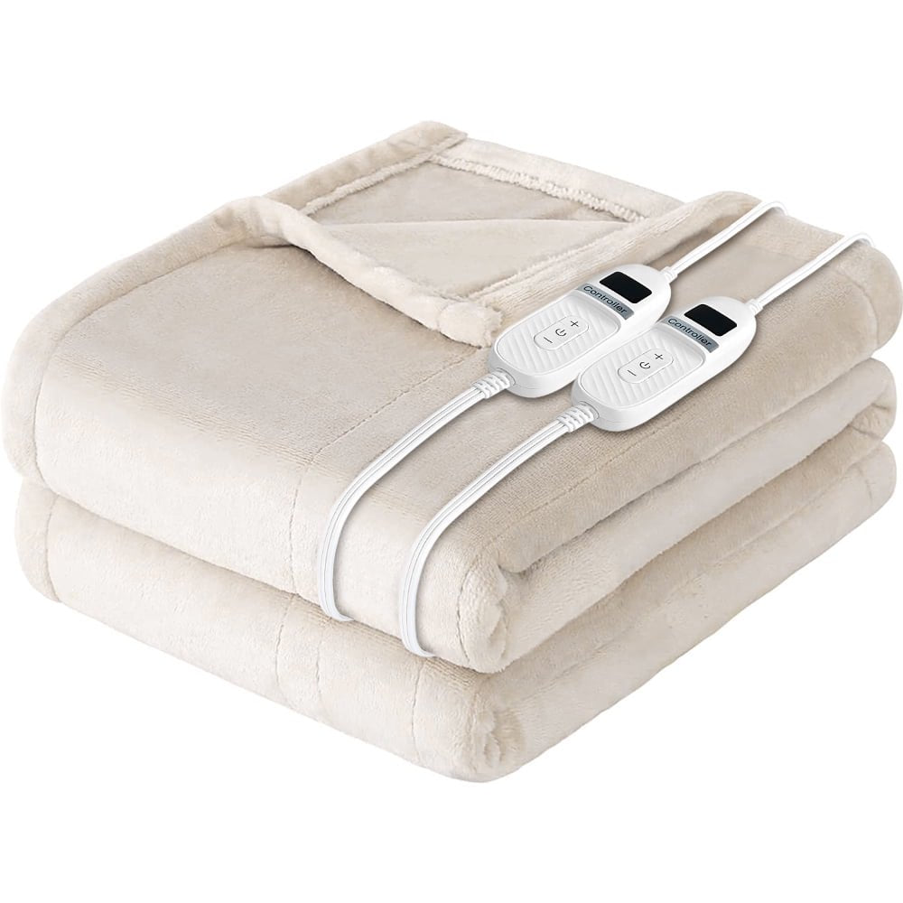 Electric Heated Blanket 100"×90" Flannel Blanket King Size with 10 Heating Levels 8 Hours Auto Off Fast Heating, Beige
