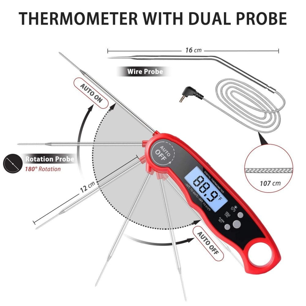 Digital Meat Thermometer for Cooking, Dual Probe Instant Read Food Thermometer with LCD Screen, Waterproof Cooking Thermometer with Alarm for Grilling, Smoker, BBQ, Oven