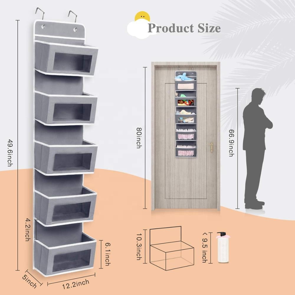 Cowin Over The Door Pocket Organizer Fabric Hanging Closet Clear Window Storage Bag with Mental Hooks Gray for Pantry Baby Nursery Bathroom Closet Dorm, Gray