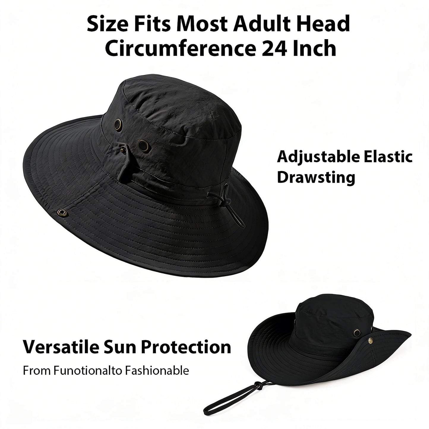 Cowin Sun Hat for Men Sun Protection Wide Brim Bucket Hat Waterproof Breathable Packable Boonie Hat for Fishing Black