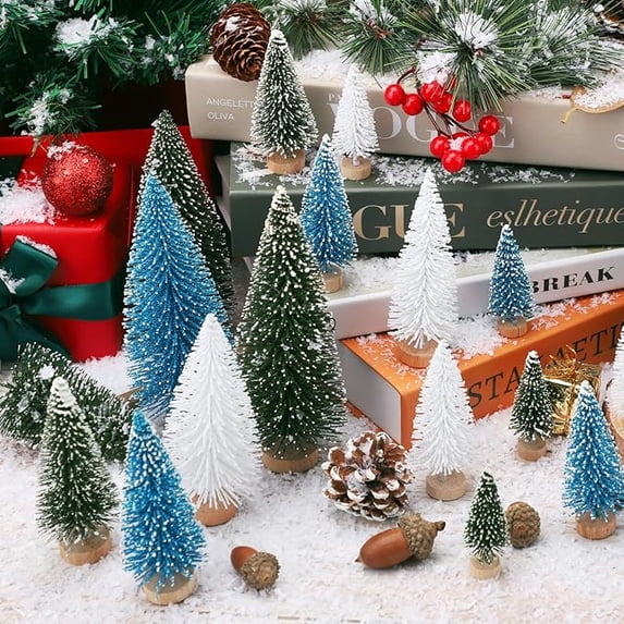 Cowin 30Pcs Mini Christmas Trees Decor, Artificial Christmas Tree 5 Sizes with Wooden Base for Christmas Decor Christmas Party Home Table Craft Decorations (Green+blue+white)