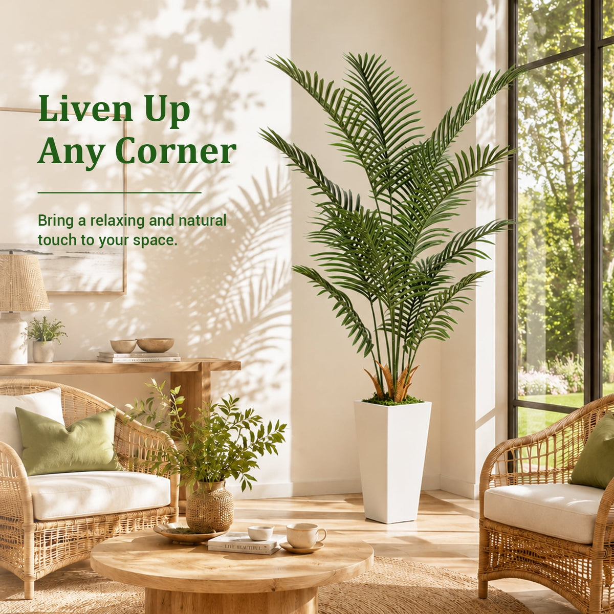 Cowin 6FT Artificial Palm Tree, Fake Tree with White Tall Planter, Faux Tropical Areca Floor Plant in Pot