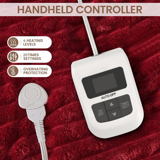 Cowin Heated Blanket Electric Throw, 84"*90" Heating Blanket Flannel Throw, 6 Heat Levels & 0.5-10 Hours Auto-Off, with Over-Heat Protection, Queen Size Machine Washable, Red and White