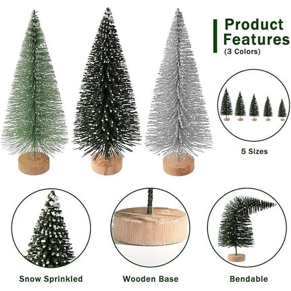 Cowin 30 Pcs Mini Christmas Trees Decor, Artificial Christmas Tree 5 Sizes with Wooden Base for Christmas Decor Christmas Party Home Table Craft Decorations (Silver+Green)