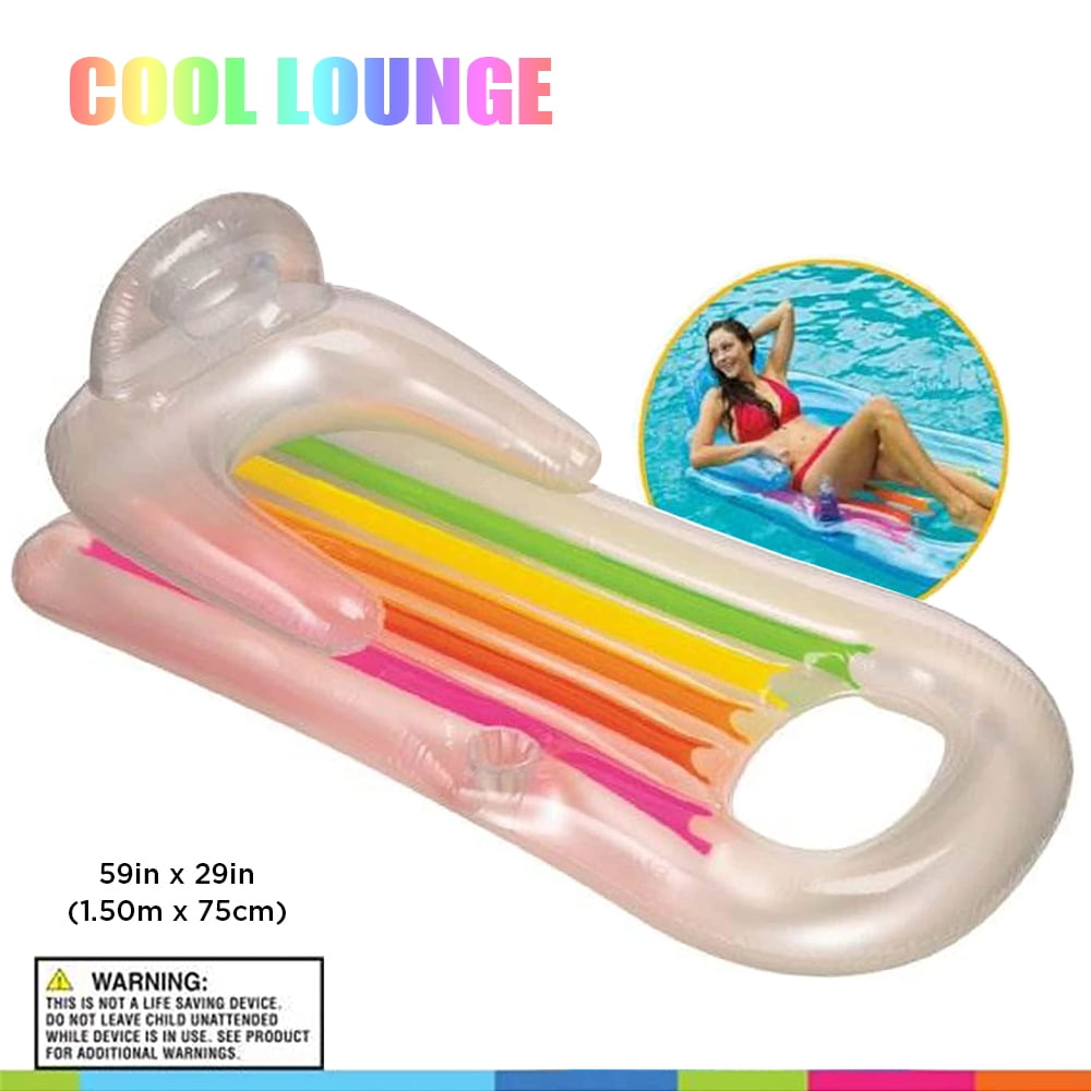 2-Piece Float Set Lounger Inflatable Pool Floats, Translucent Adult Inflatable Reclining Chair, Pedal and Cup Holder, White and Blue