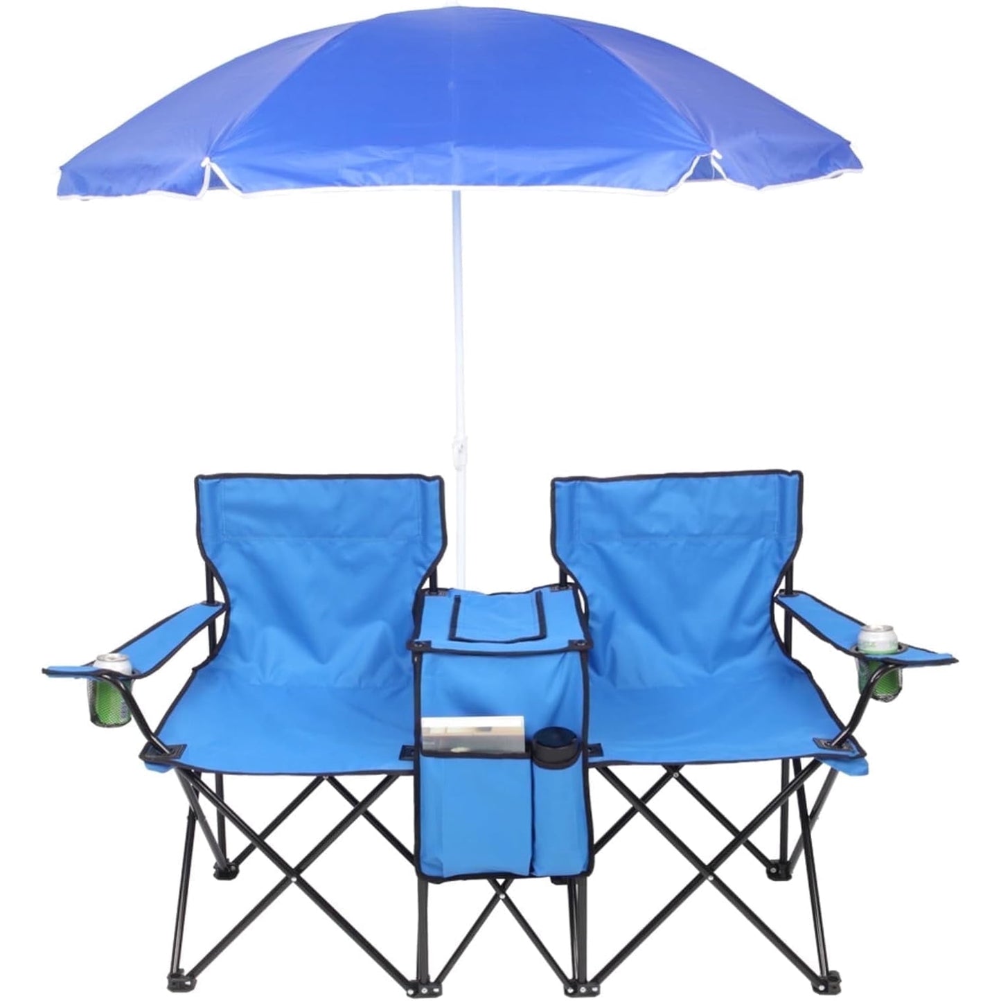 COWIN Outdoor Foldable Picnic Double Chair ,Camping Chairs with Umbrella Camping Double Portable Chairs Folding Beach Chair with Insulation Bag,Backpacking Blue