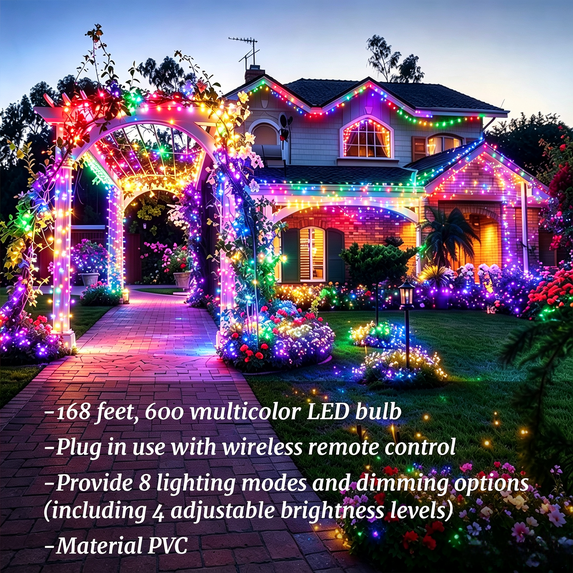 Cowin 168FT Christmas Lights Outdoor 8 Modes Indoor String Lights for Outside Multicolor