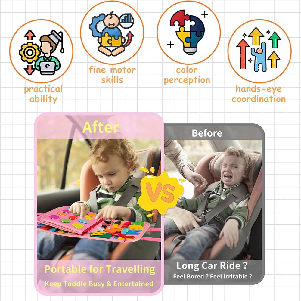 Cowin Busy Board Montessori Toys for Toddler Girls Birthday Gifts, Busy Book Learning Toy for toddlers 1-4, Educational Learning Toy for Airplane Car Travel, Pink