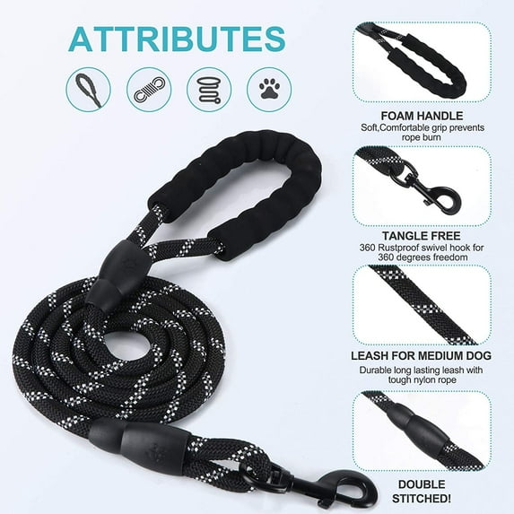 Rope Dog Leash 6.5 ft with Comfortable Padded Handle, Highly Reflective Threads Strong Dog Leash for Puppies Small Medium and Large Dogs