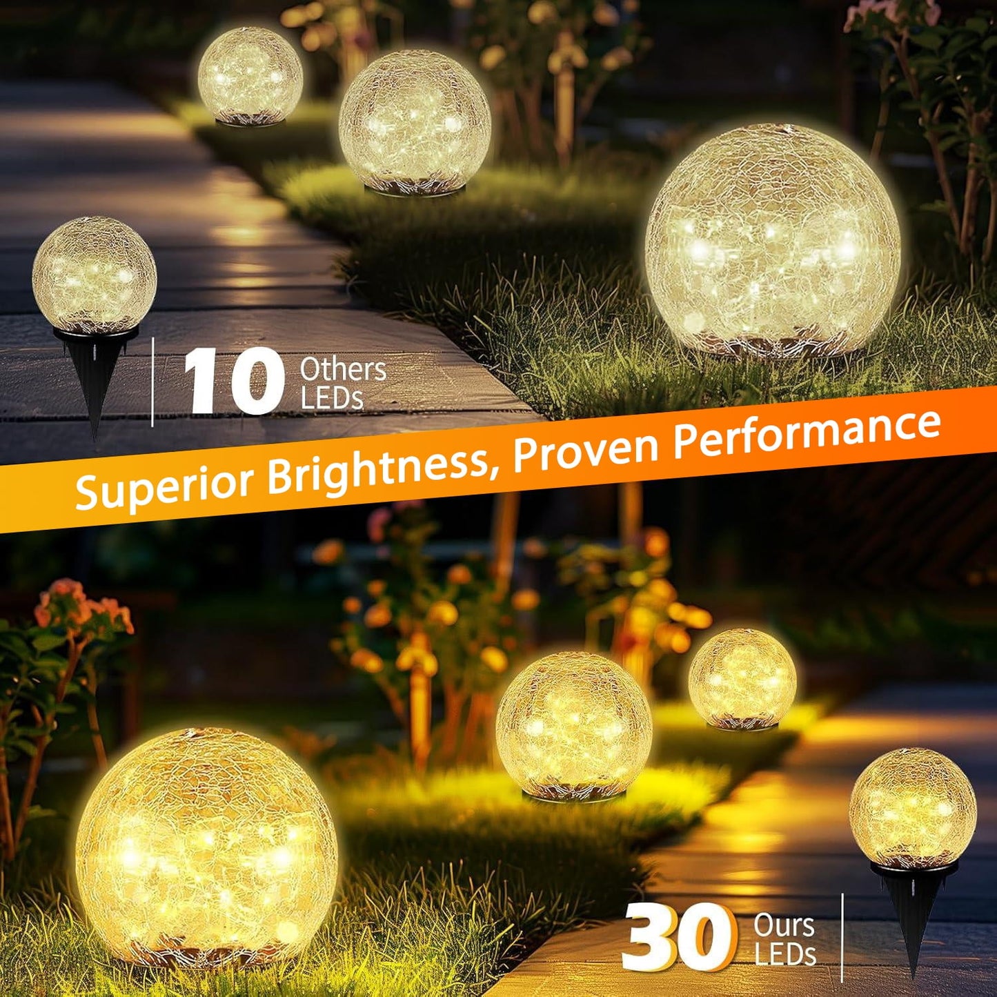COWIN 4 Pack 3.9'' Solar Globe Lights Outdoor Waterproof,30 LED Cracked Glass Globe Solar Power Ground Lights,Solar Orbs Outside-Outdoor Decorations Patio & Yard Lawn Backyard Decor(Warm White)