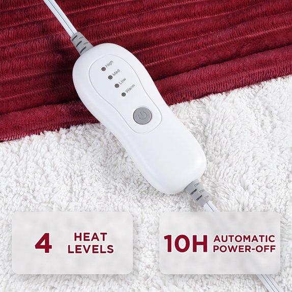 Cowin Electric Blanket Full Size, Brushed Flannel+Shu velveteen, 10 Heating Levels and 1-8 Hour Automatic Shutdown, Machine Washable, Red, 72 "x 84"