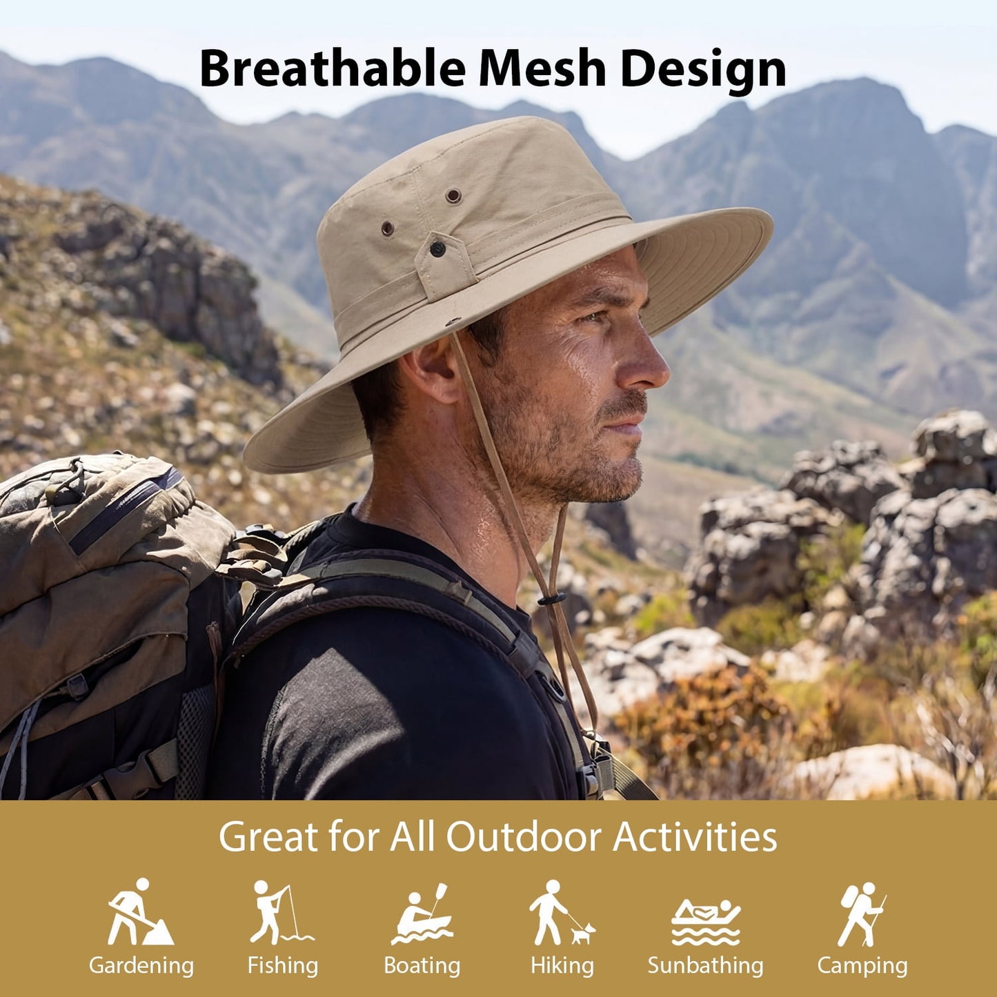 Cowin Sun Hat for Men Sun Protection Wide Brim Bucket Hat Waterproof Breathable Packable Boonie Hat for Fishing Khaki
