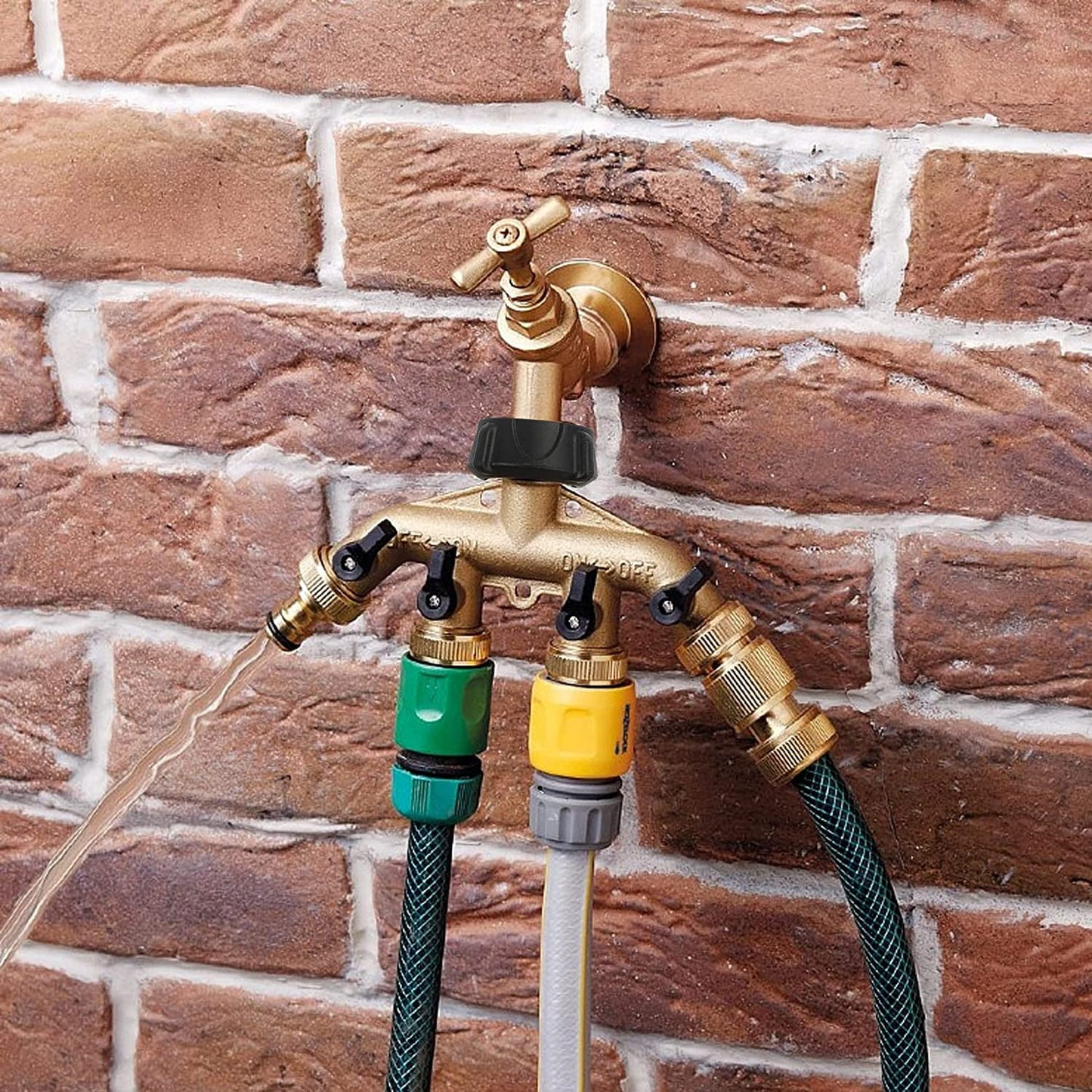 4 Way Brass Hose Splitter Aedavey Solid Brass Hose Connector 3/4" Hose Spigot Adapter Garden Hose Faucet Manifold with 4 Valves
