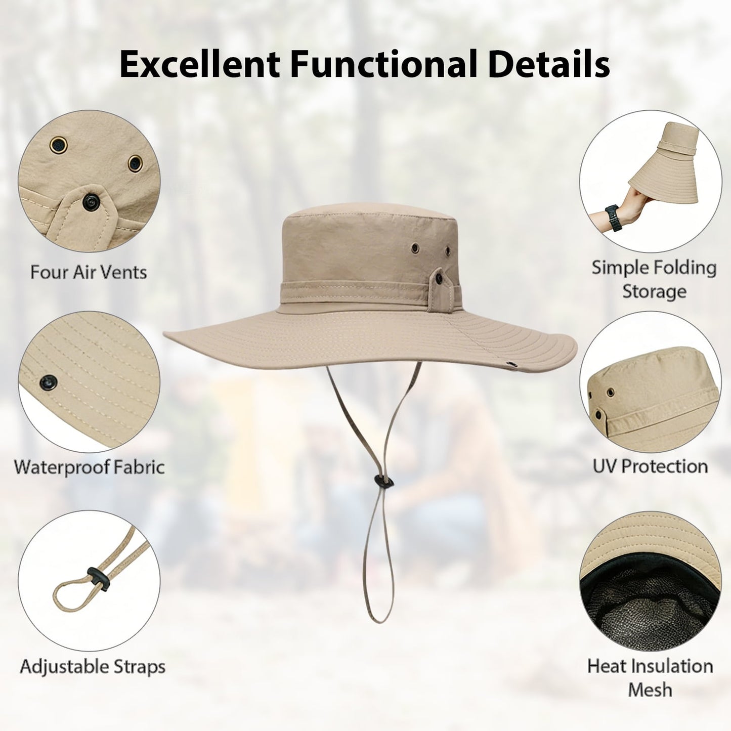 Cowin Sun Hat for Men Sun Protection Wide Brim Bucket Hat Waterproof Breathable Packable Boonie Hat for Fishing Khaki