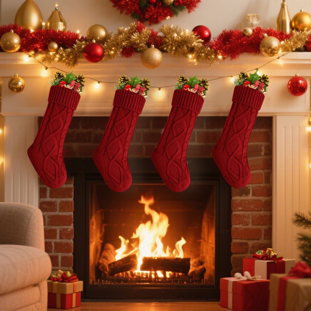 Cowin 4 Pack Christmas Stockings, Knitted Stocking for Holiday Christmas Party Family Decorations (Red )