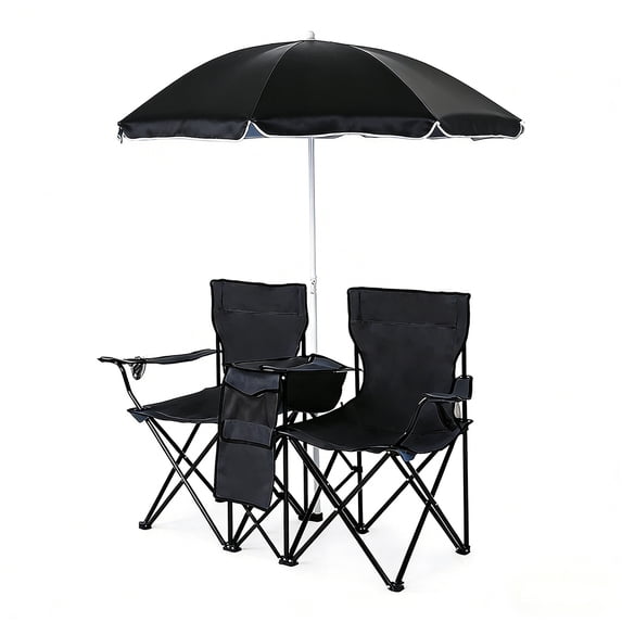 Cowin Outdoor Foldable Picnic Double Chair ,Camping Chairs with Umbrella Camping Double Portable Chairs Folding Beach Chair with Insulation Bag,Backpacking Black