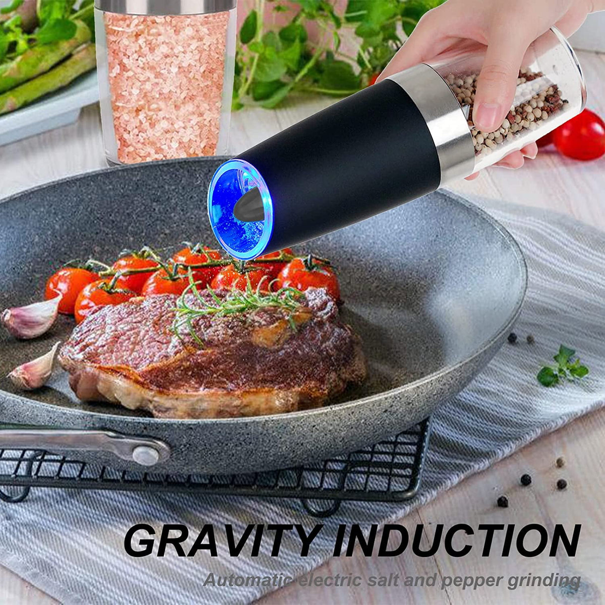 Cowin 2 Piece Set Electric Salt and Pepper Grinder Set , Adjustable Coarseness Mill Grinders Stainless Steel