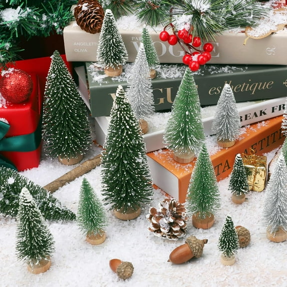 Cowin 30 Pcs Mini Christmas Trees Decor, Artificial Christmas Tree 5 Sizes with Wooden Base for Christmas Decor Christmas Party Home Table Craft Decorations (Silver+Green)
