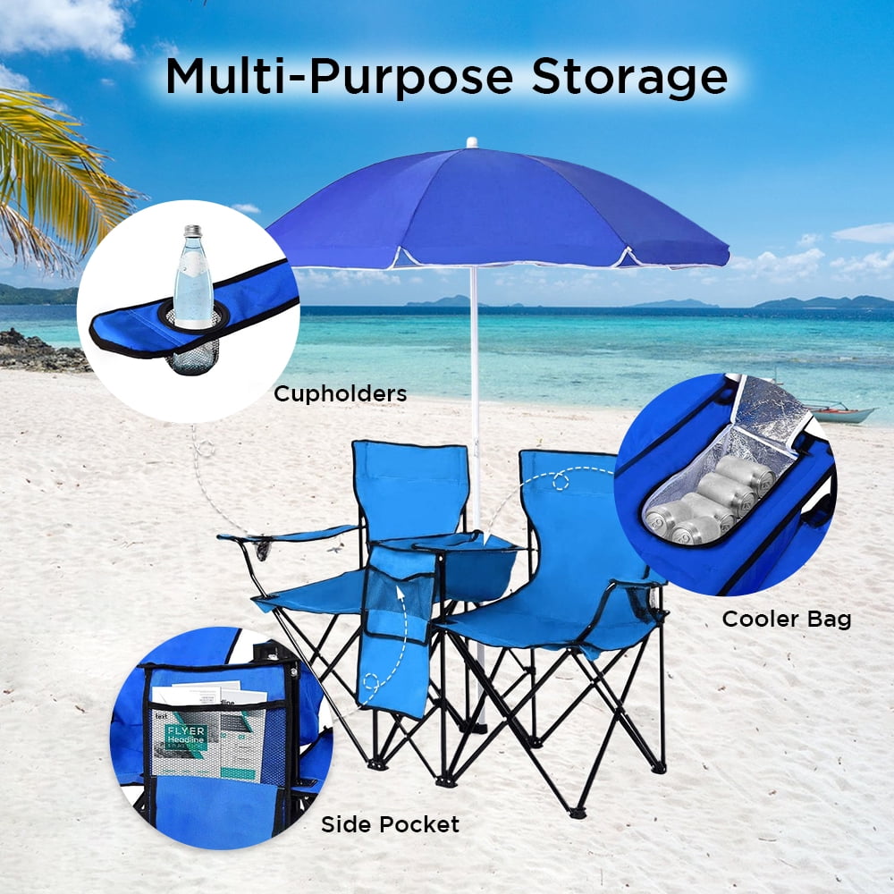 COWIN Outdoor Foldable Picnic Double Chair ,Camping Chairs with Umbrella Camping Double Portable Chairs Folding Beach Chair with Insulation Bag,Backpacking Blue