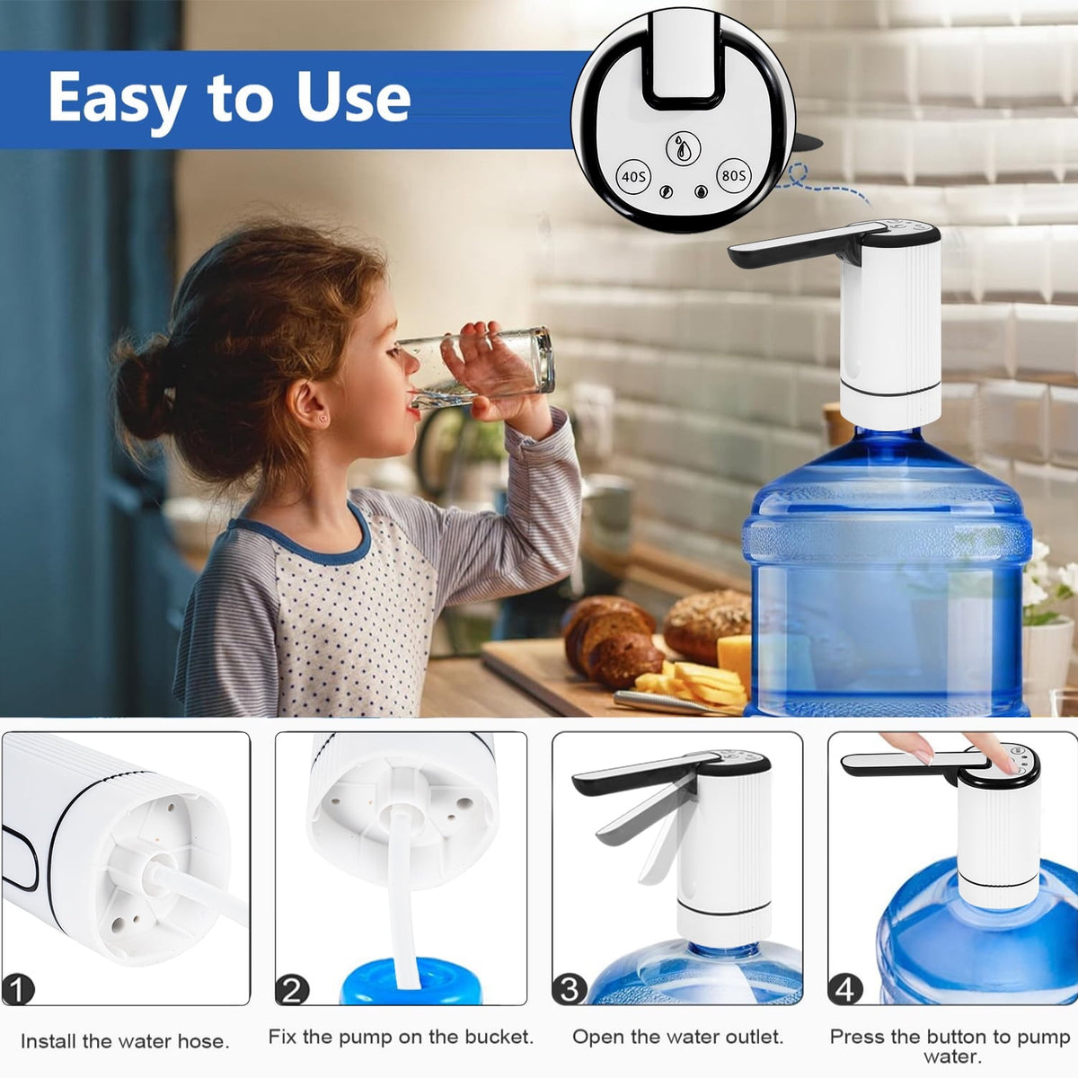 Cowin Water Dispenser for 5 Gallon Bottle, Rechargeable Portable Electric Water Bottle Pump, Foldable Automatic Water Jug Pump for for Home, Office & Camping (White)