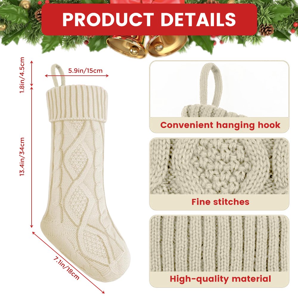 4PACK Christmas Stockings, Knitted Stocking for Holiday Christmas Party Family Decorations (White)