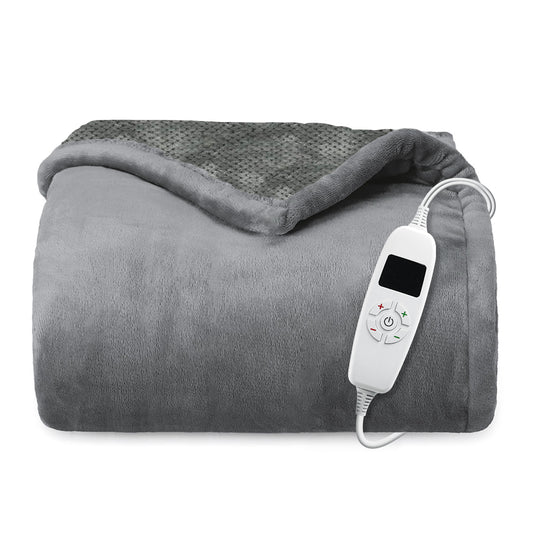 Heated Blanket 60"x 70", Flannel and Velvet with 10 Optional Heating Levels ,8 Hours Timer Up- Gray