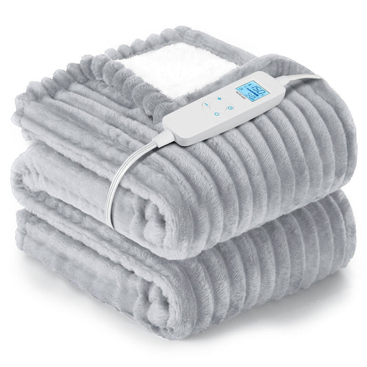 Heated Blanket Electric Throw, 50"x60" Heating Blanket Throw, 6 Heat Levels & 0.5-4 Hours Auto-off over-heat Protection, Ribbed Flannel to Sherpa, Machine Washable, Gray
