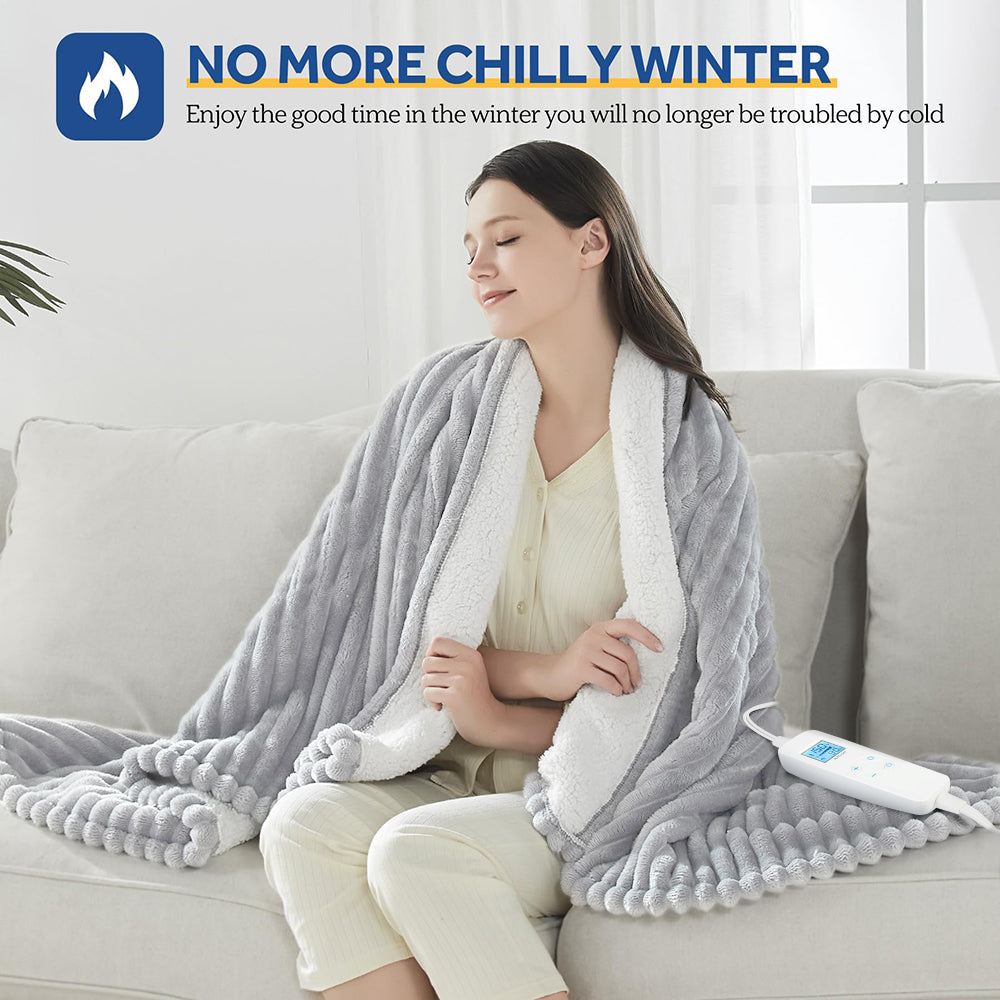 Heated Blanket Electric Throw, 50"x60" Heating Blanket Throw, 6 Heat Levels & 0.5-4 Hours Auto-off over-heat Protection, Ribbed Flannel to Sherpa, Machine Washable, Gray